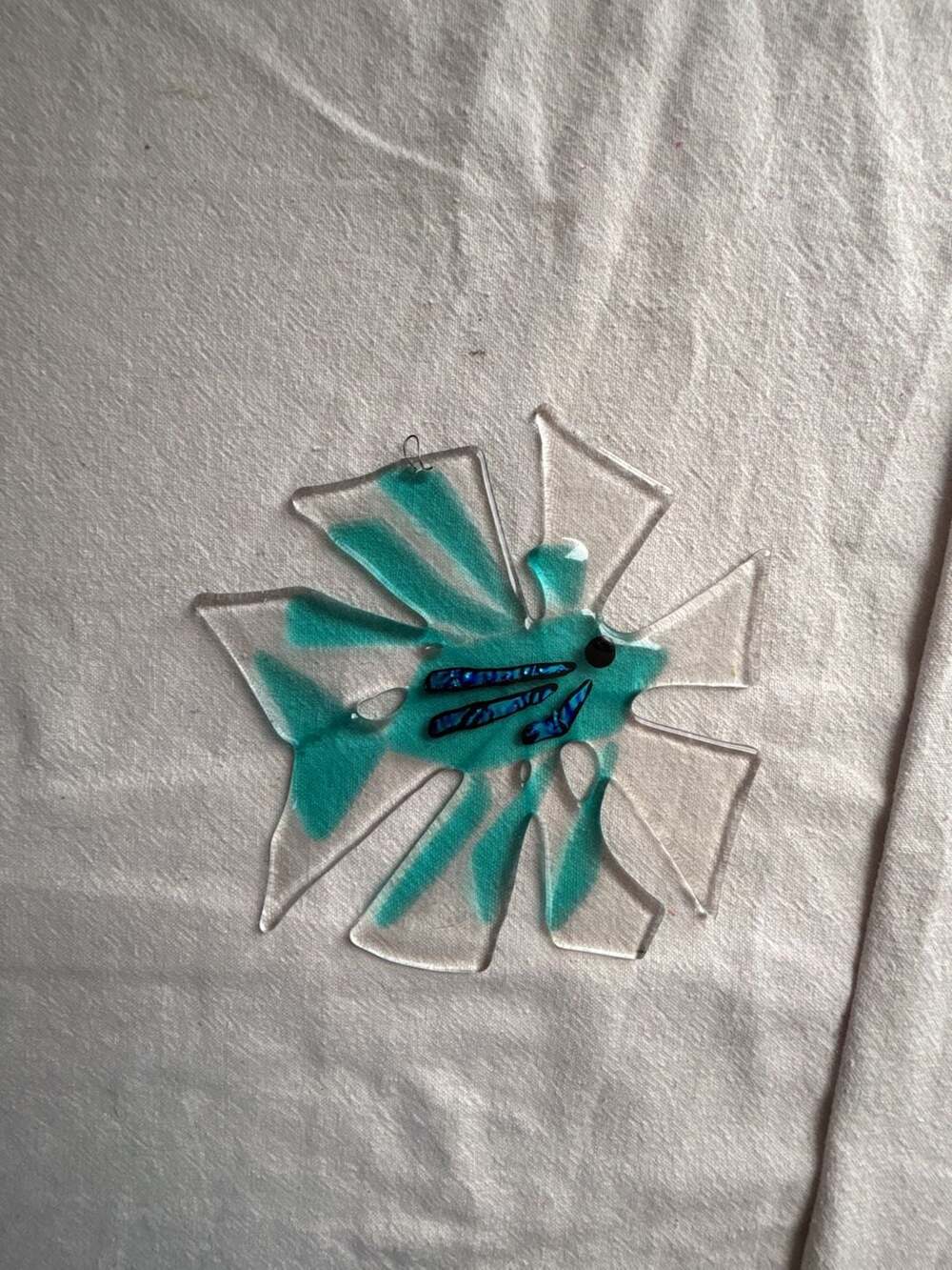 Handmade Fused Glass Turquoise and Clear Fish Sun Catcher Ornament